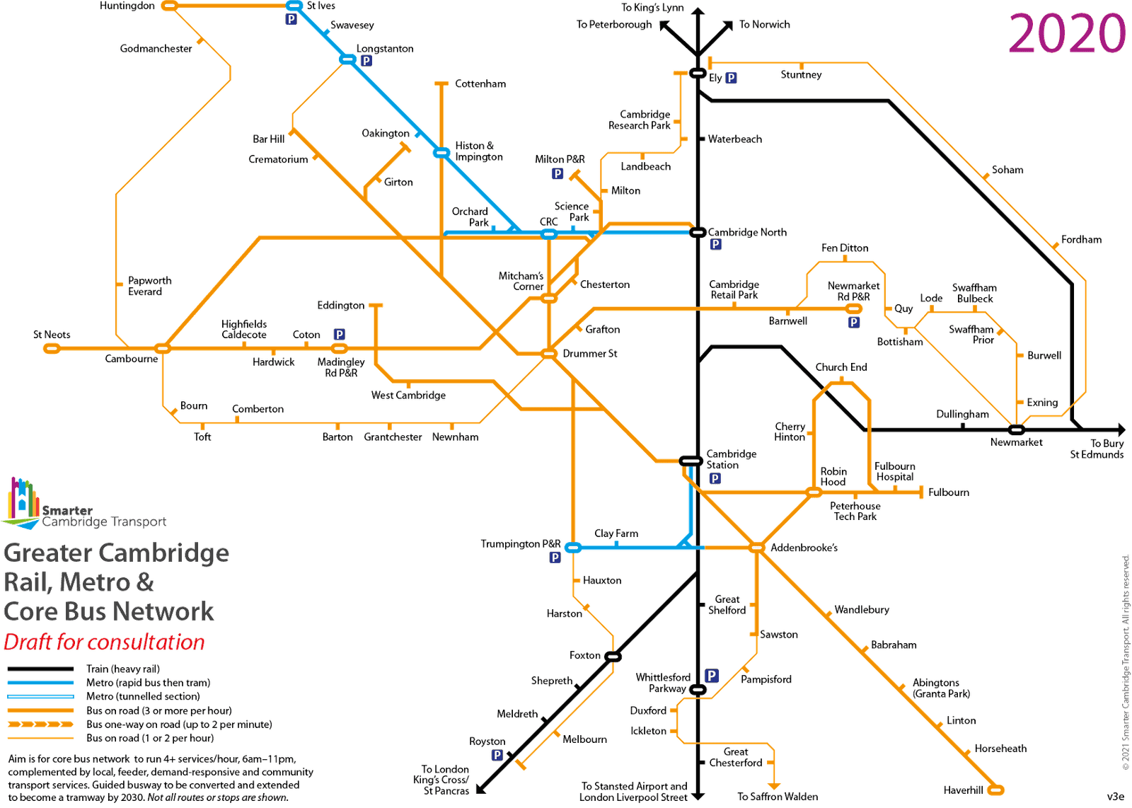 Schematic map of rail and bus network in Cambridge in 2020