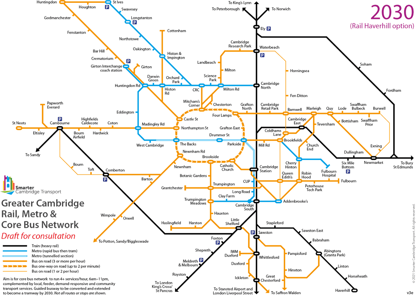 Schematic map of modified rail and bus network in Cambridge in 2030 with new rail and metro infrastructure (Haverhill linked by heavy rail)